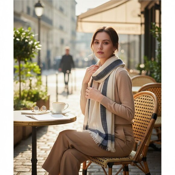 NWT Banana Republic Beige & Navy Plaid Fringe Scarf - Picture 1 of 14